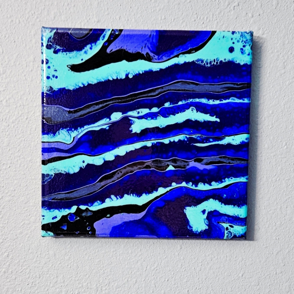 8x8 Abstract Acrylic Paint Pour Blue & Black Canvas Art